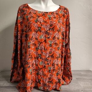 Jason Wu Orange Tunic Top 3X Rose Gree  Floral Gold‎ Detail Lace Long Sleeve